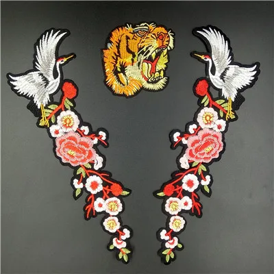 Tiger Элегантная длинная вышитая нашивка с клеем, пчела, тигр, Бабочка, змея, кран и Цветочная металлическая аппликация патч для джинсовой куртки - Цвет: Tiger