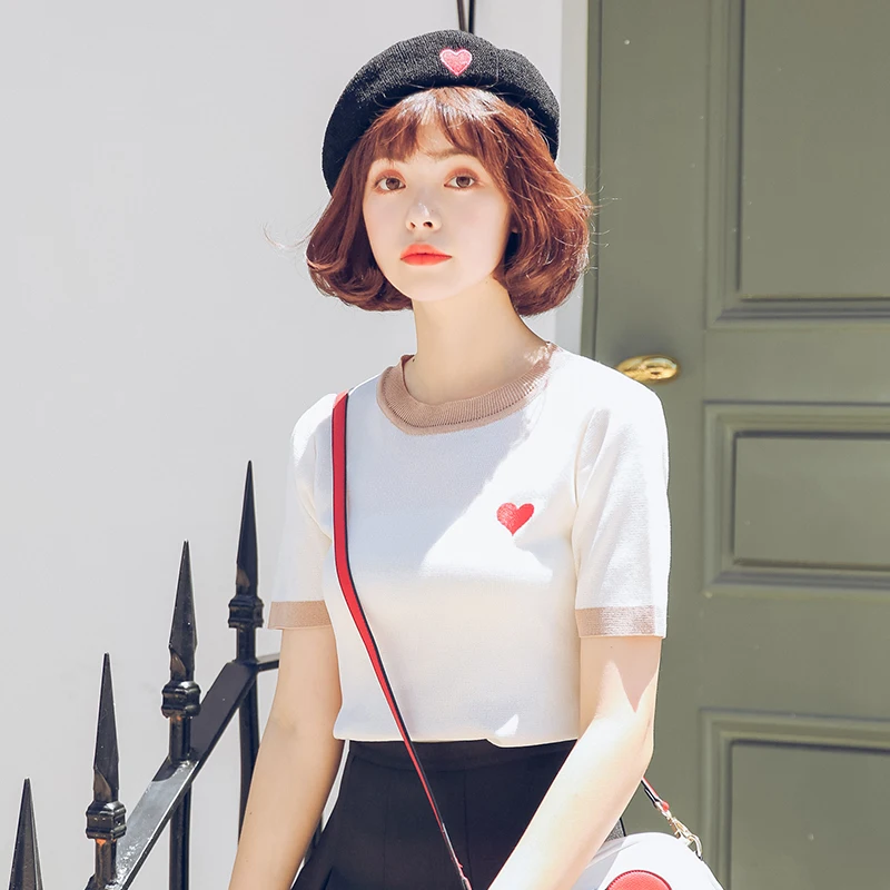 Осенний вязаный пуловер с рукавом три четверти топы вышивкой в виде сердечек