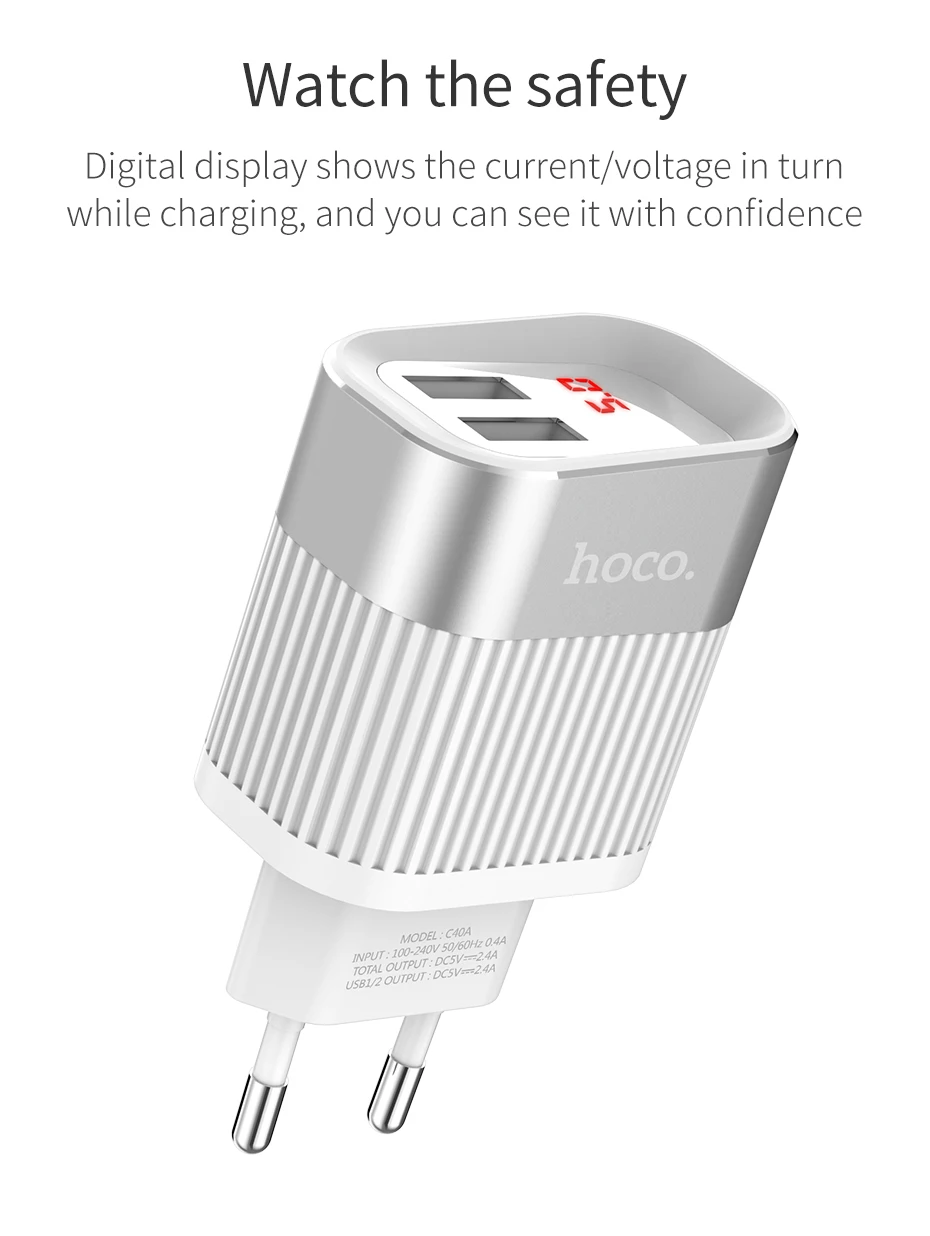 HOCO двойной USB зарядное устройство ЕС США Великобритания вилка адаптер путешествия настенное зарядное устройство с светодиодный дисплей для iPhone Xiaomi huawei samsung мобильный телефон