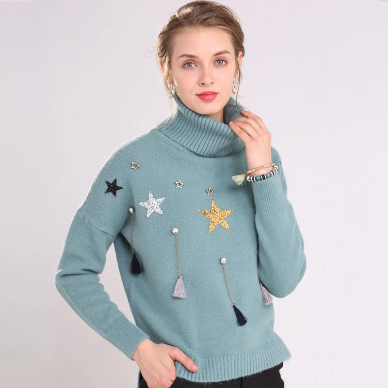 Winter Turtleneck Sweater Women 2019 Tassel And Pullovers Fashion Stars Sequins Long Sleeve Top Pull Femme | Женская одежда