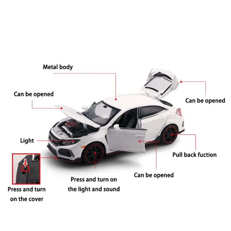 

CIVIC Type R Diecast 1/32 Model Car Metal Alloy Simulation Pull Back Cars Lights Toys Vehicles For Kids Gifts For Children