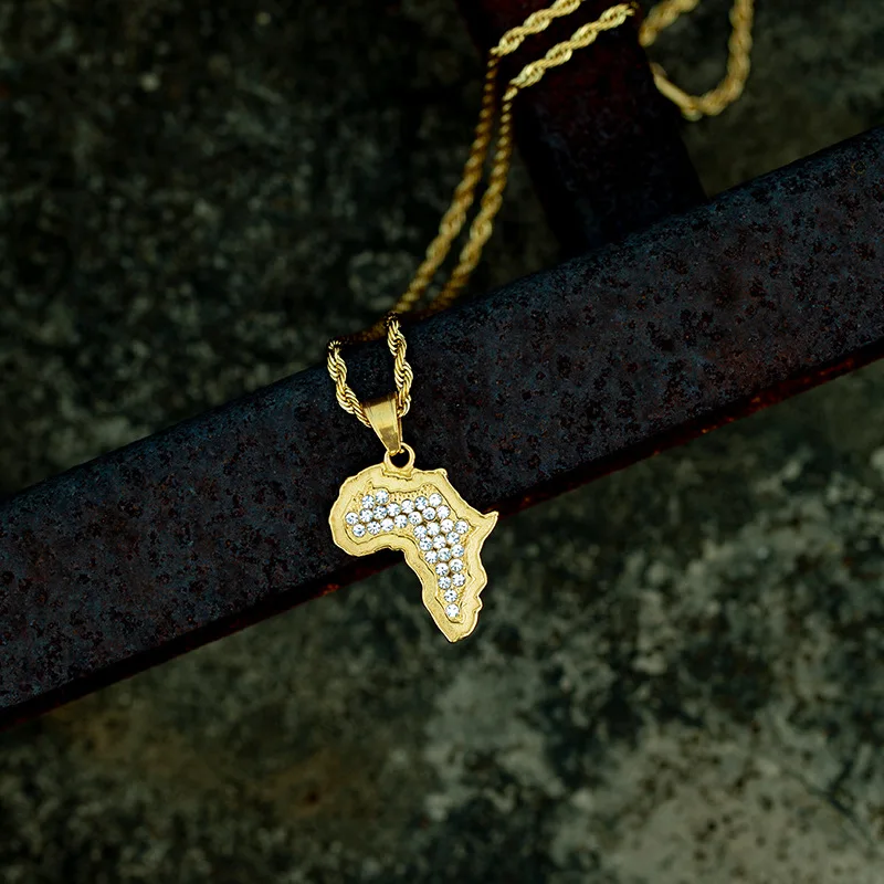 Stainless Steel Crystal Africa Map Pendant Necklace Charm Golden 3MM Rope Chain Religious Jewelry Metal Men Gifts | Украшения и