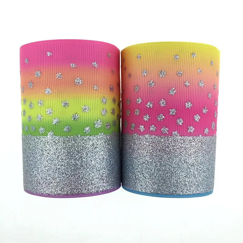 3&quot 75mm silver glitter printed with rainbow heat transfer grosgrain ribbon very soft to make big bow | Дом и сад