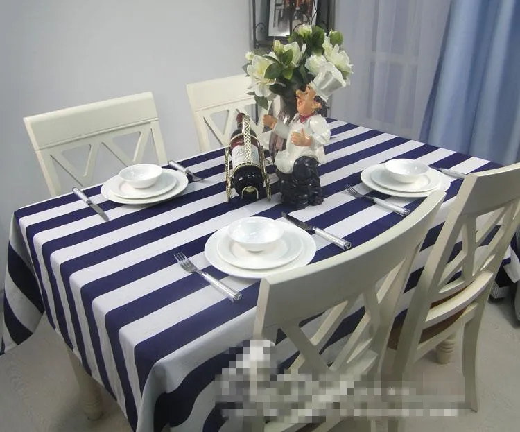 Современная классическая белая и темно-синяя полоска парусиновая скатерть