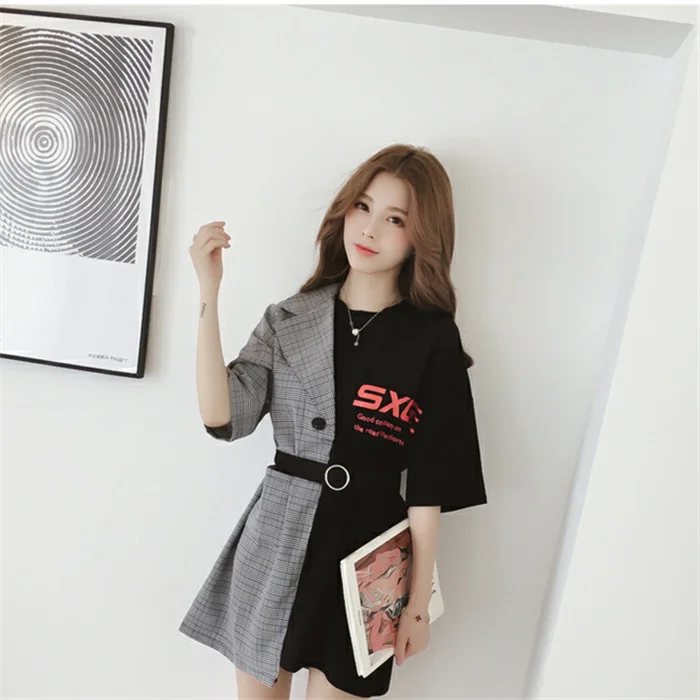 Ins Сетчатое сшитое поддельное платье из двух частей с буквенным принтом женская