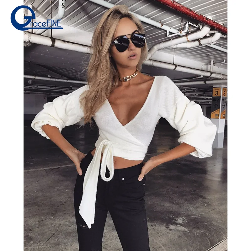 Для женщин модная одежда свитер укороченный Топ со шнурками пикантные глубоким