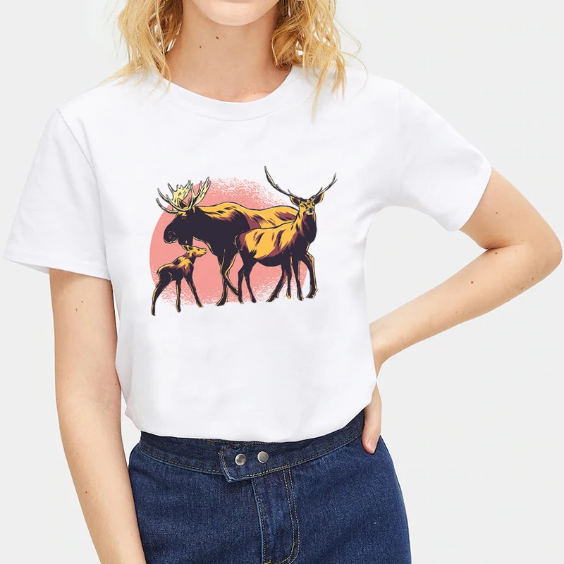 Qlychee/белые женские футболки с принтом животных Женские Moose Family Летняя женская