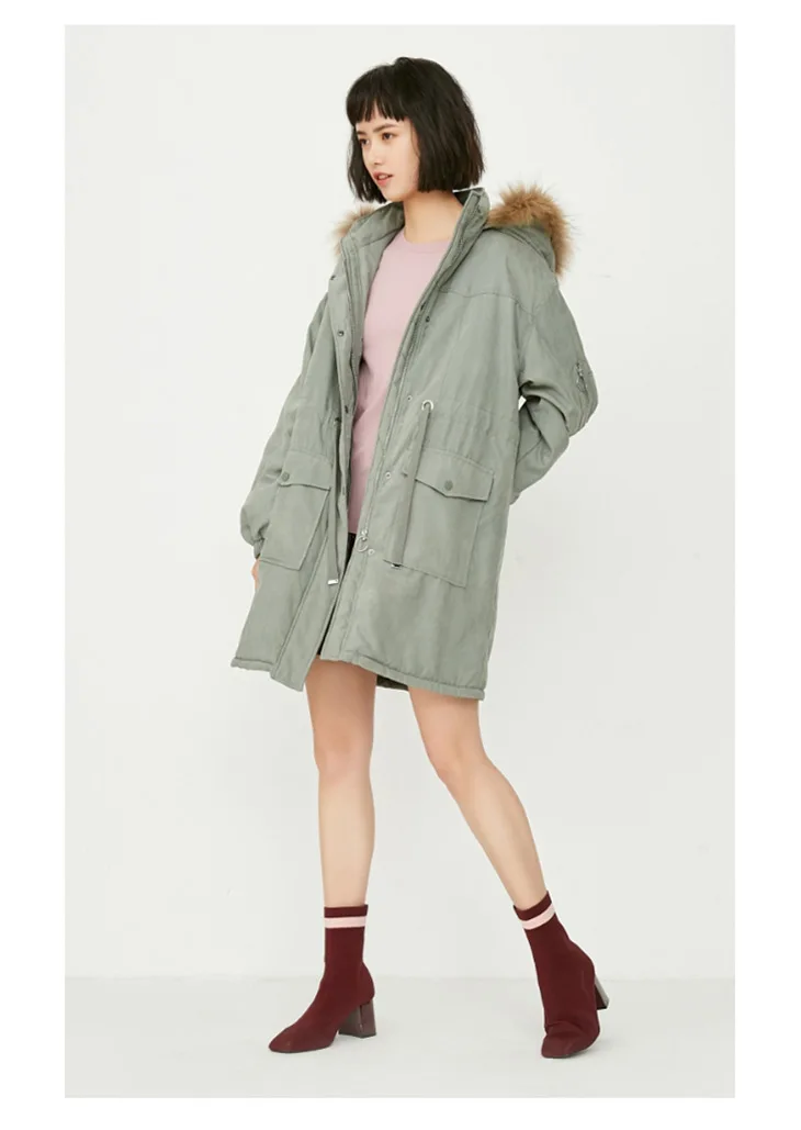 ONLY Women's Raccoon Fur Collar Cinched Waist Long Cotton Coat |118122501