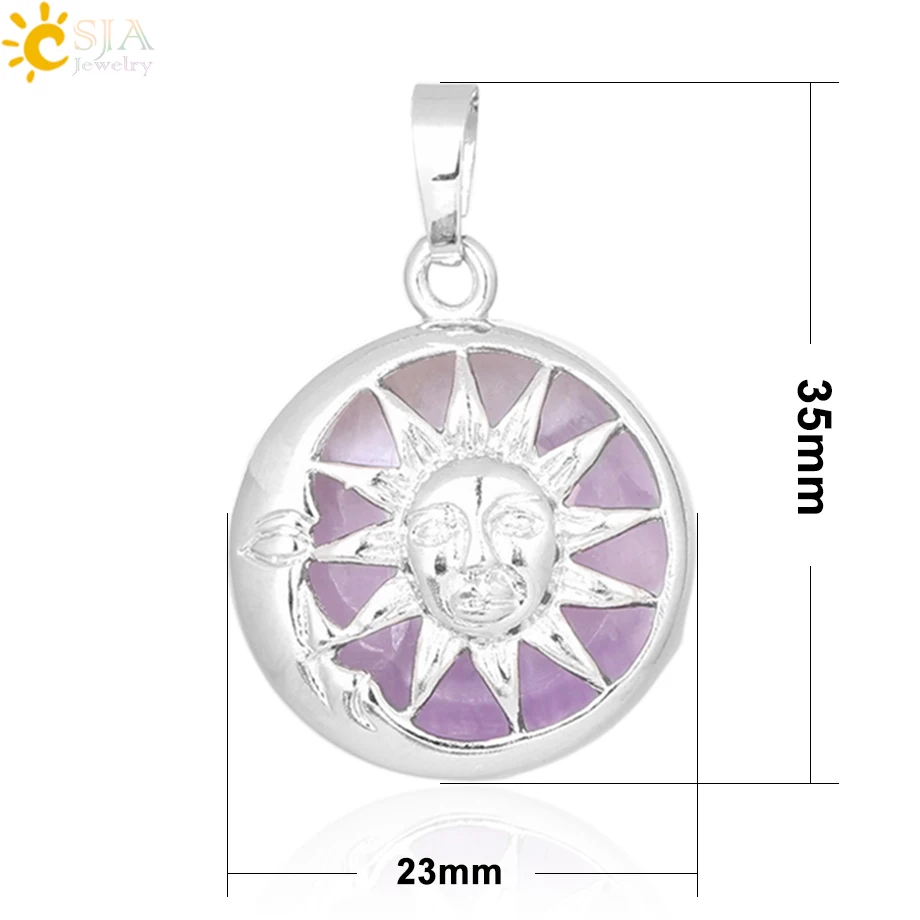 Подвеска на ожерелье CSJA Moon Sun God Серебряная коробка с натуральным камнем круглые