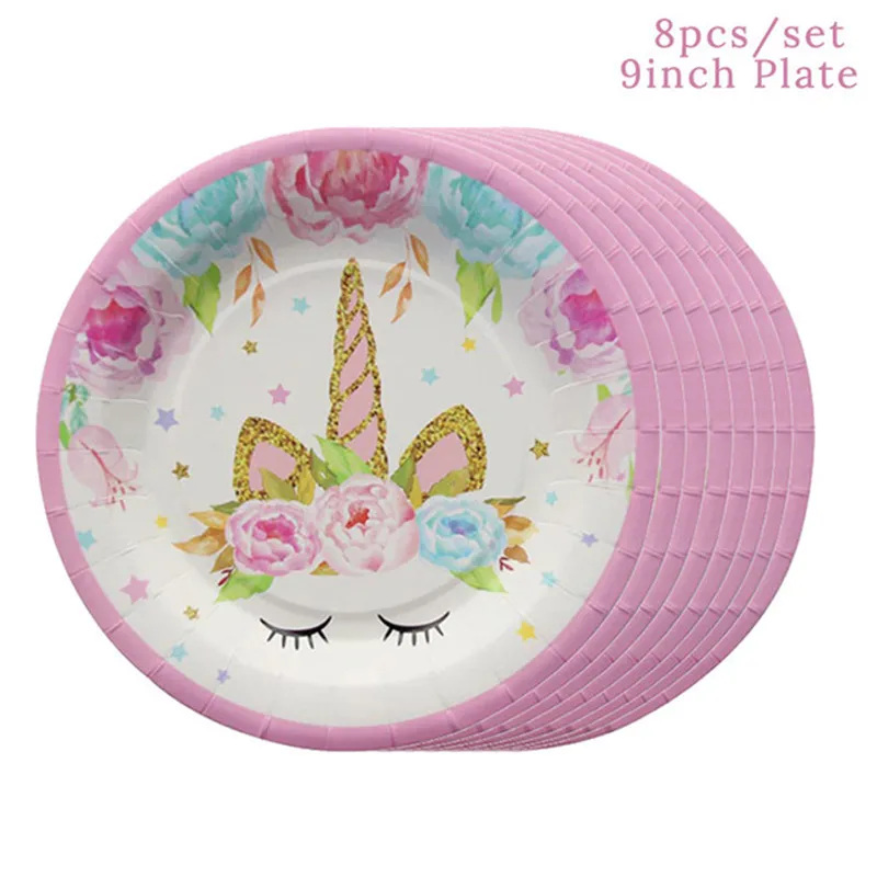 8pcs 9inch plate Единорог вечерние украшения для торта на день рождения кекс стенд дисплей Единорог торт Топпер кекс обертка Baby Shower девушка вечерние украшения - Цвет: 8pcs 9inch plate