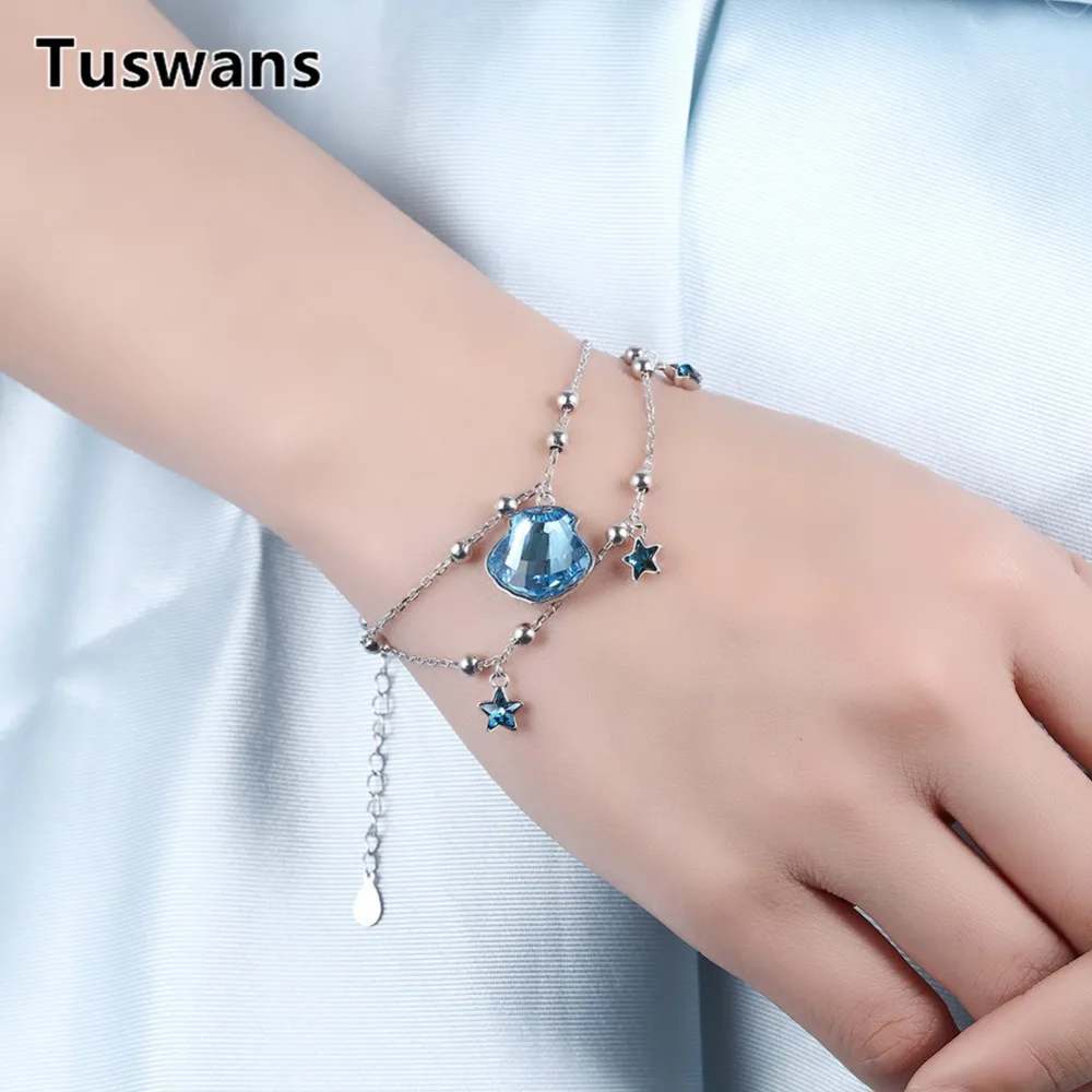 Женский браслет из стерлингового серебра 925 пробы с кристаллами в виде ракушек