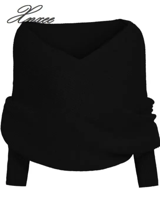 

2020 autumn and winter new V-shaped cross-neck collar off-shoulder knit sexy pullover sweater