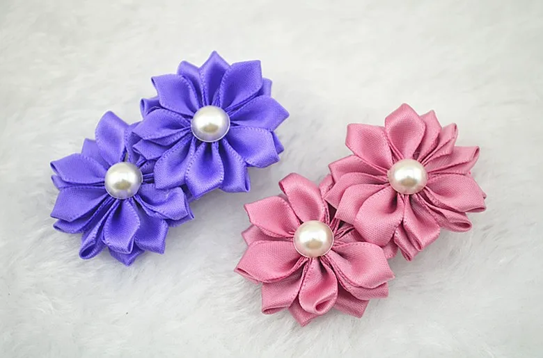 Сплошной цвет Kanzashi лепесток цветок жемчуг центр слоистая атласная лента для волос Цветы с аллигатором зажимы 10 шт./упак