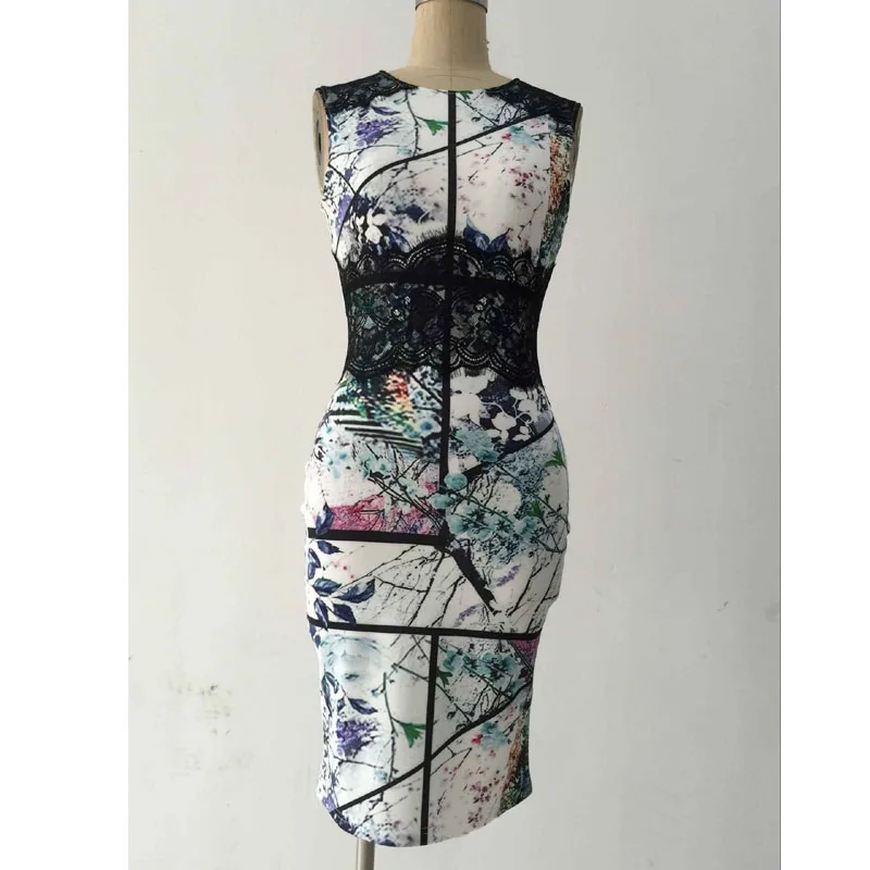 Женское платье карандаш средней длины элегантное кружевное с поясом и принтом