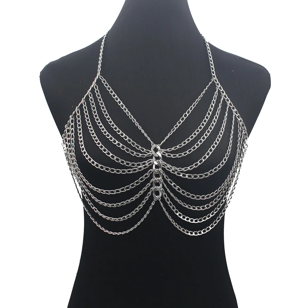 Сексуальное бикини Chainmail Топы обвязка для тела Грудь Цепочка Золото Серебро украшения для тела колье в стиле бохо подарок для девочек BY147-1 - Окраска металла: Silver color