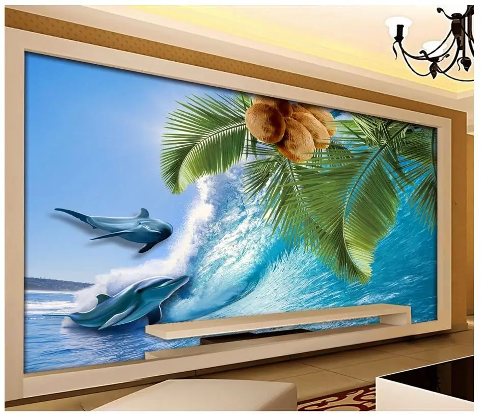

Пользовательские 3d фото обои 3d настенные фрески обои HD кокосовое дерево Дельфин свежий Средиземноморский Фотофон настенная живопись
