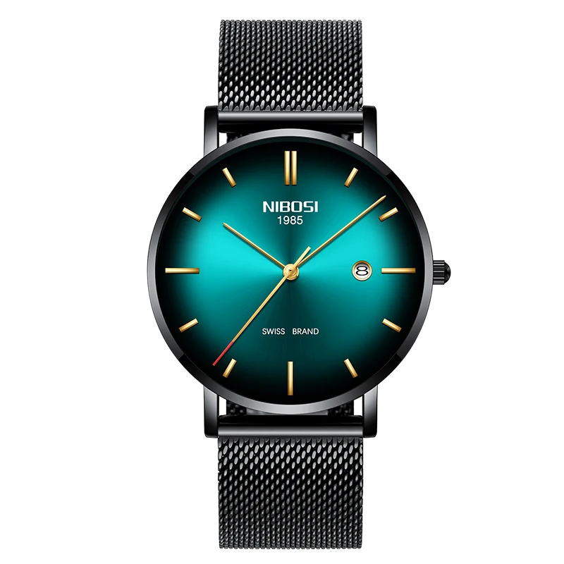 Black green gold m NIBOSI Топ люксовый бренд часы мужские унисекс часы женские водонепроницаемые простой стиль сетка нержавеющая сталь Relogio Masculino - Цвет: Black green gold m