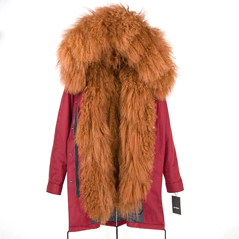 wine red brown OFTBUY, длинная парка, зимняя куртка, Женское пальто с натуральным мехом, натуральная монгольская овчина, Толстая теплая парка с капюшоном размера плюс, Новинка - Цвет: wine red brown