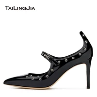 stylish pointed toe high heel black patent pumps with metal loops women heeled mary jane shoes ladies pointy stiletto heels 2021