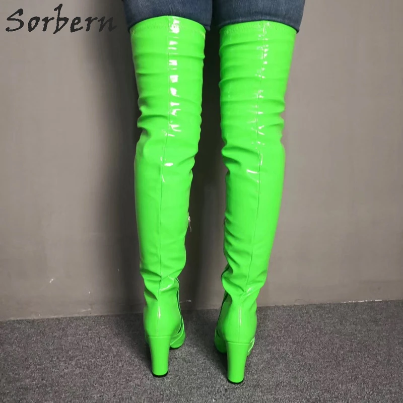Sorbern Neon Green/женские облегающие высокие сапоги на блочном каблуке; Модные женские облегающие расклешённые сапоги
