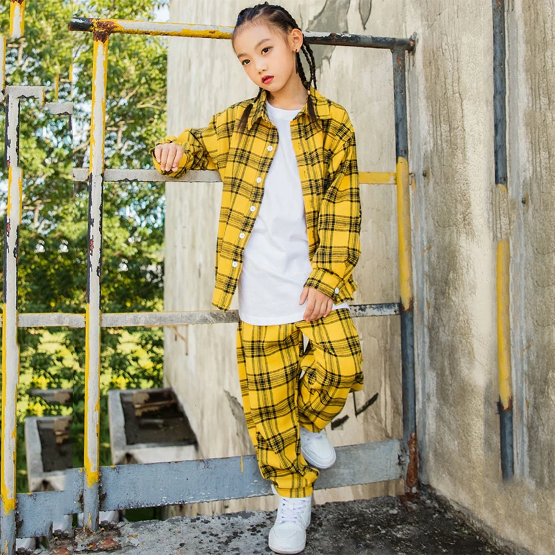 2019 костюм в стиле хип хоп желтая рубашка клетку для девочек и мальчиков брюки