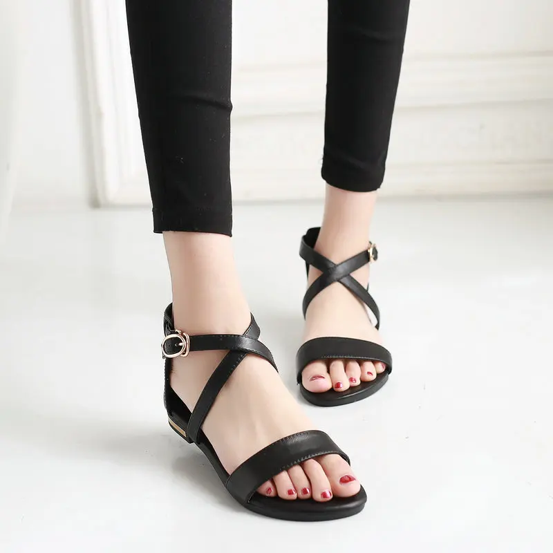 Женские босоножки из натуральной кожи NEMAONE черные на плоской подошве большие