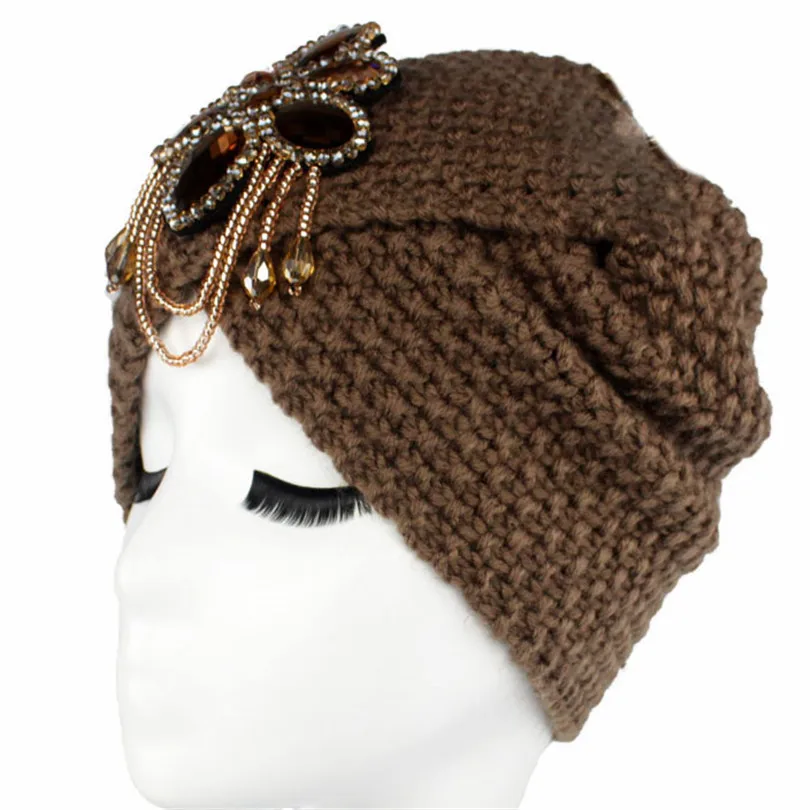M064 Khaki Модные женские зимние теплые шапки с металлическими украшениями, индийские Мягкие Шапки-тюрбан, женские кашемировые шапки бини M064 - Цвет: M064 Khaki