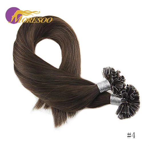 Moresoo Remy кератиновые накладные волосы с u-образными пластинами, чистый цвет, Предварительно Связанные волосы 1 г/локон, 50 прядей - Цвет: #4