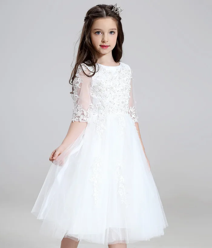 Vestidos De Daminha/Белое фатиновое кружевное бальное платье с бисером; Платья с цветочным узором для девочек с короткими рукавами на свадьбу; коллекция года; платья для первого причастия