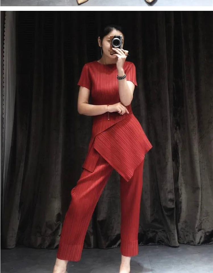 Changpleat летний женский комплект из двух предметов Miyak плиссированные модные однотонные футболки с круглым вырезом и штаны большие эластичные женские костюмы S9