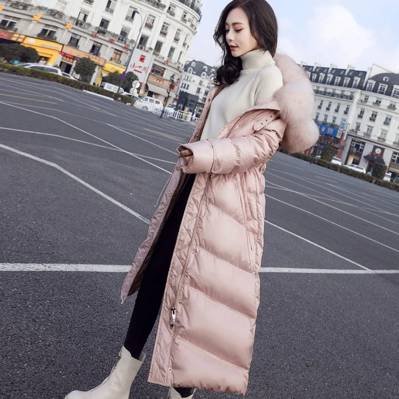 Женский длинный пуховик с капюшоном черная или розовая Водонепроницаемая парка