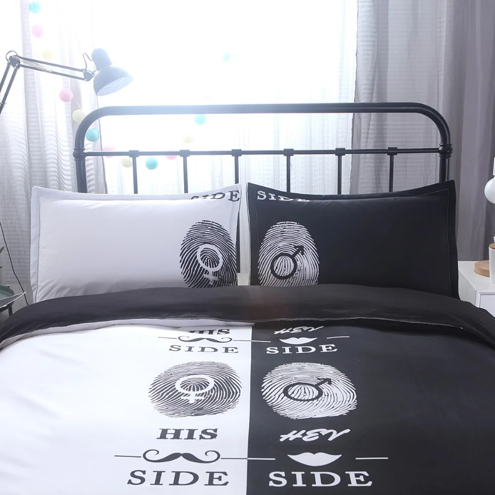 Черный и белый пара его ее сбоку Постельное белье отпечатков пальцев наволочка