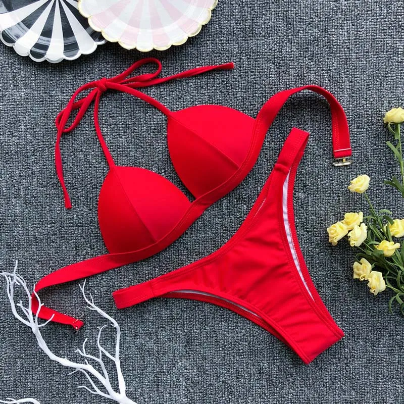 INGAGA Push Up Bikini Sexy Thong High Cut Swimwear Women Strap Halter Swimsuit Solid Bathing Suit New Brazilian Bikinis