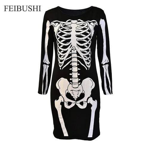 Женские костюмы на Хэллоуин FEIBUSHI, облегающее платье со скелетом и косточками, платье-карандаш с длинным рукавом, повседневвечерние НКИ