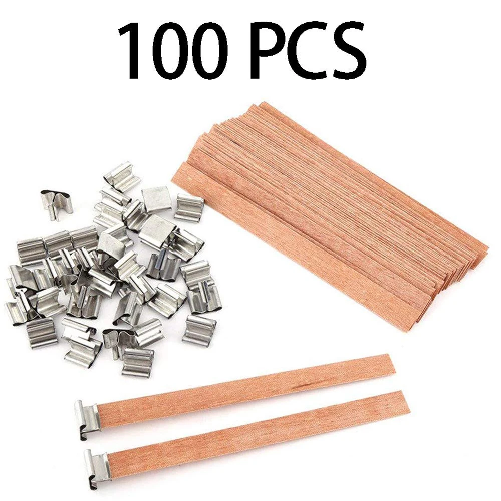 100Pcs 13cm Wood Candle Wicks with Iron Stand DIY Natural Candle Cores Practical Candle Wick for Birthday Party Valentine's Day