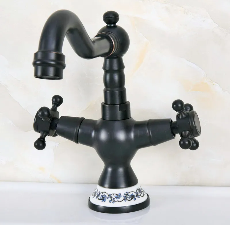 Oil Rubbed Bronze Dual Cross Handles Ceramic Base Bathroom Kitchen Basin Sink Faucet Mixer Tap Swivel Spout Deck Mounted mnf645 |