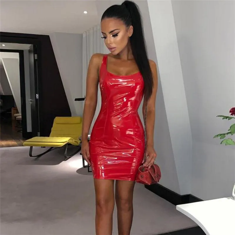 Женское Короткое платье из искусственной кожи облегающее неоново