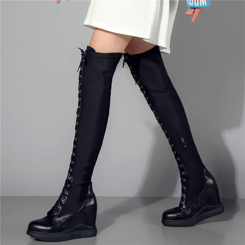 Thigh High Boots Women Genuine Leather Lace Up Knee High Booties Wedges High Heel Tall Shaft Punk Sneakers Winter Punk Creepers
