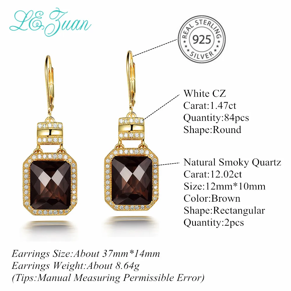L& zuan натуральный 12.02ct дымчатый кварц Висячие серьги для женщин 925 серебро прямоугольный драгоценный камень золотые серьги Винтаж ювелирные украшения