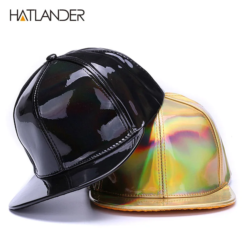 [HATLANDER] блестящие Бейсбольные Кепки из искусственной кожи с плоским козырьком для мальчиков и девочек, однотонные бейсболки, Кепка в стиле панк, уличная танцевальная кожаная крутая Кепка в стиле хип-хоп