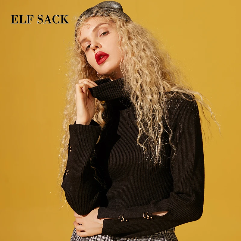 ELFSACK New Woman Sweater Solid Hand Knitted Casual Women Sweaters Turtleneck Full Short Purple Femme Pullovers Female Tops
