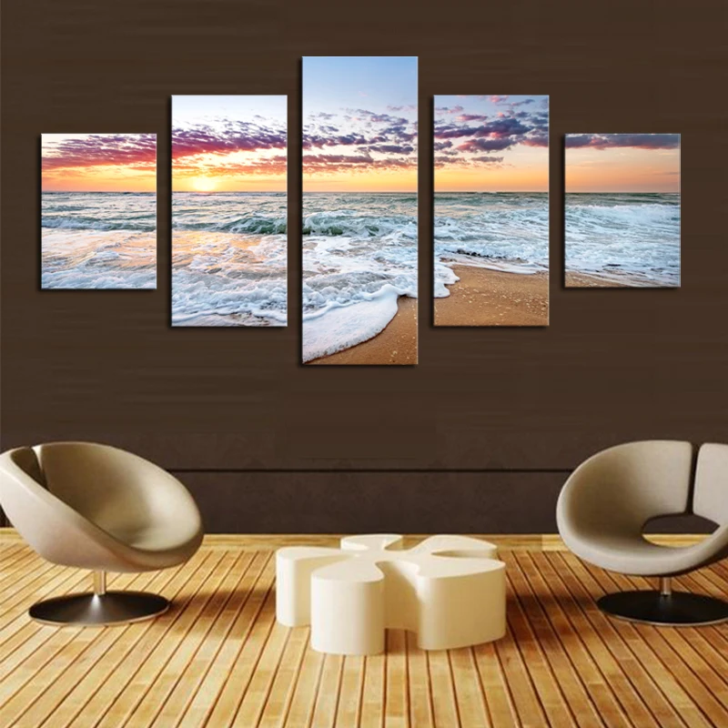 Без рамки 5 панелей современный закат с видом на море HD картина холст печать