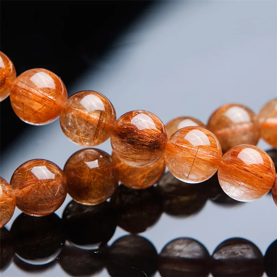 9mm Natural Genuine Brazilian Copper Hair Rutilated Quartz Crystal Round Beads Jewelry Stretch Bracelets For Women Femme | Украшения и