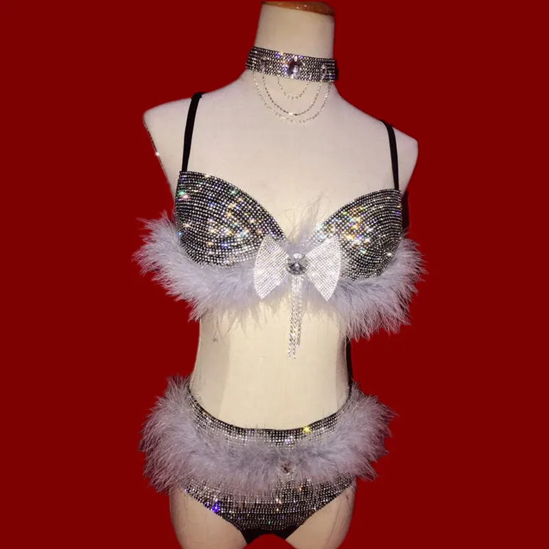 Кристиа Белла Сексуальные Серебряные стразы перо бикини набор женщин костюмы