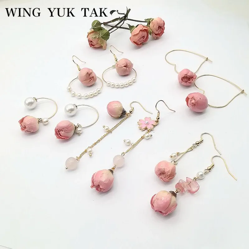 Wing yuk tak, Натуральные Сушеные серьги в виде цветка розы для женщин, модные корейские ювелирные изделия ручной работы, богемные этнические висячие серьги