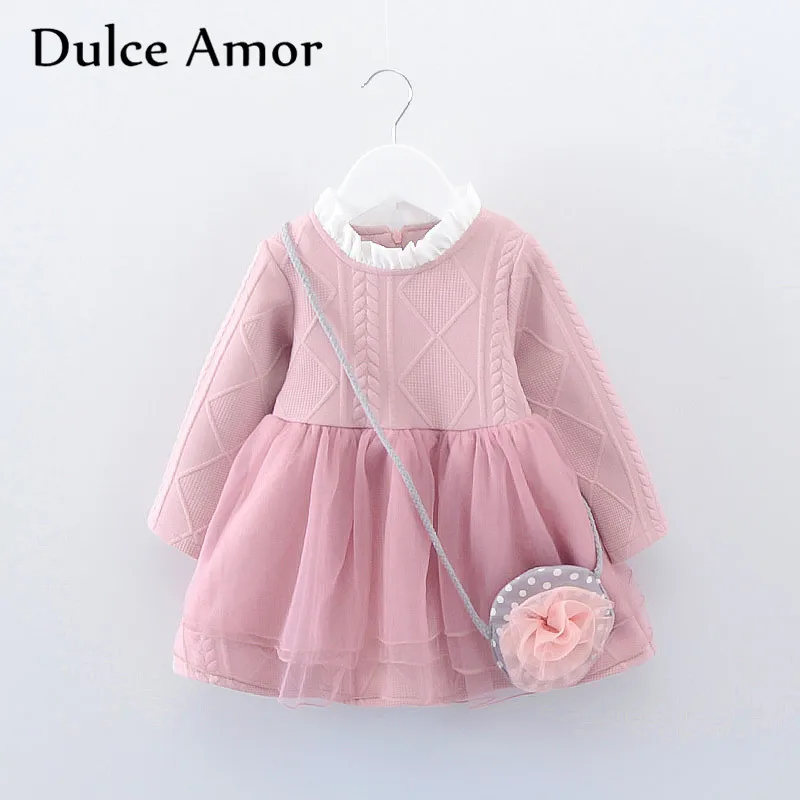 Dulce Amor/платье для девочек Одежда для маленьких девочек платье принцессы с сумочкой, высокое качество, коллекция года, весеннее кружевное платье с длинными рукавами+ сумка с аппликацией - Цвет: Розовый