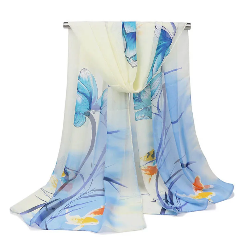 Woman Scarf New Arrival 2018 Summer Thin Silk Wild Chiffon Lotus Print Shawl Beach Towel Scarves for Ladies |