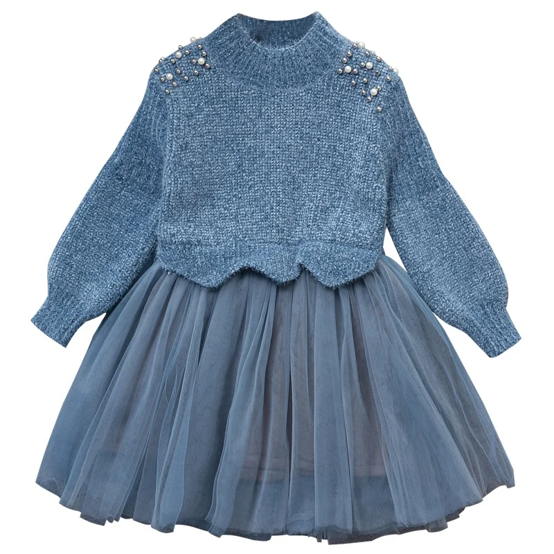 Модная одежда для девочек Ktted свитер сращены платья осень-зима детская жемчуг