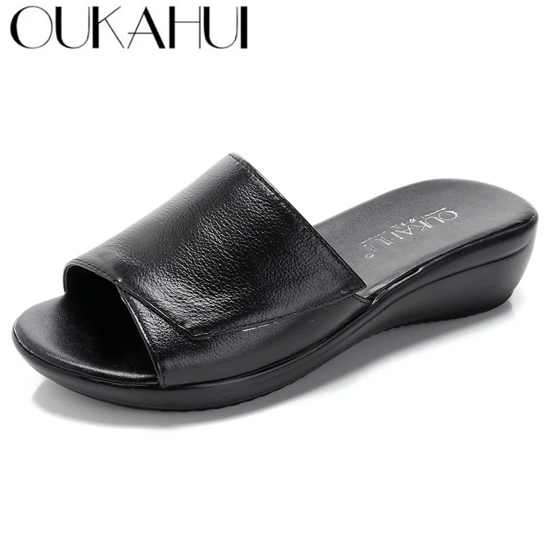 Туфли OUKAHUI женские уличные из натуральной коровьей кожи Простые Летние шлепанцы