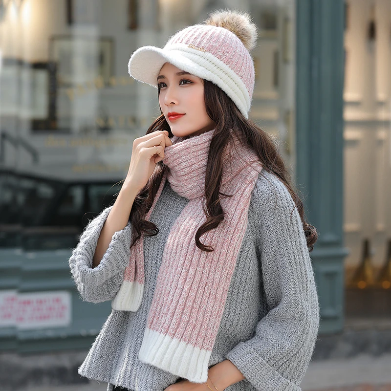 Женские зимние вязаные набор шапки и шарфа Женская Толстая стеганая теплая